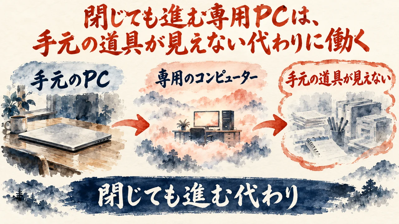 図解。手元のPC、専用のコンピューター、手元の道具が見えない、の三つの札が並び、下の帯に閉じても進む代わりの文字
