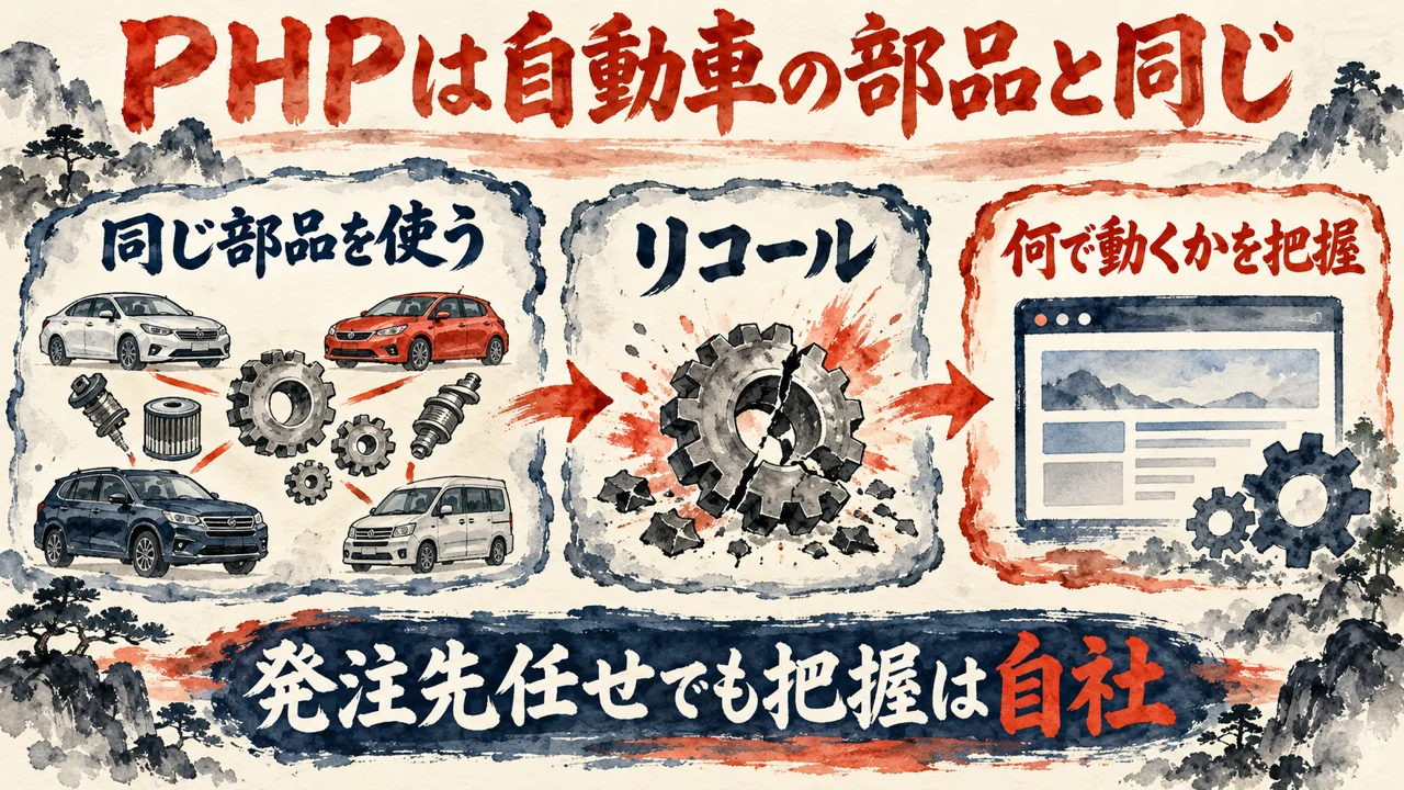 図解。同じ部品を使う、リコール、何で動くかを把握、の三つの札が矢印で並び、車と部品の水彩画、割れた歯車、ホームページの画面が描かれ、下の帯に発注先任せでも把握は自社の文字。見出しはPHPは自動車の部品と同じ