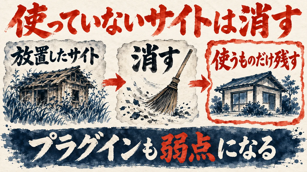 図解。放置したサイト、消す、使うものだけ残す、の三つの札が矢印で並び、草の生えた古い小屋と箒の水彩画が添えられ、下の帯にプラグインも弱点になるの文字。見出しは使っていないサイトは消す