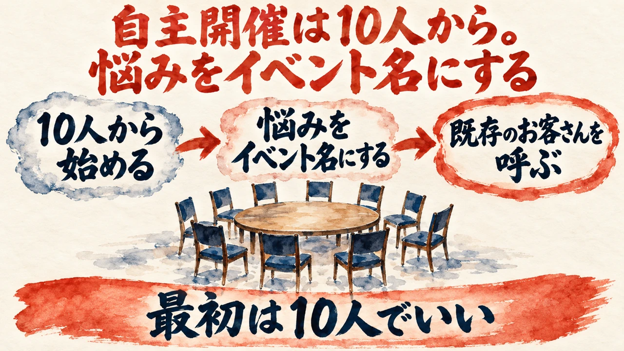 図解。10人から始める、悩みをイベント名にする、既存のお客さんを呼ぶ、の三つの札が矢印で並び、下の帯に最初は10人でいいの文字。見出しは自主開催は10人から。悩みをイベント名にする