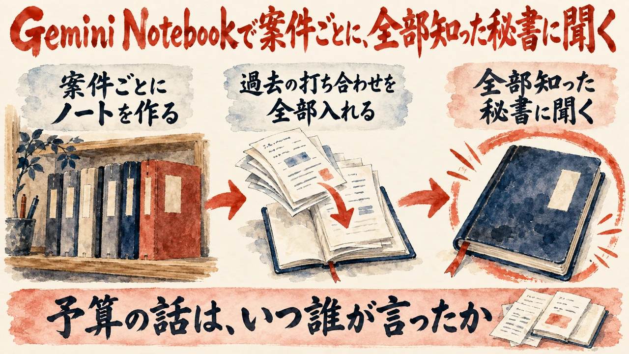 図解。案件ごとにノートを作る、過去の打ち合わせを全部入れる、全部知った秘書に聞く、の三つの札が矢印で並び、本棚とノートの水彩画が描かれ、下の帯に予算の話はいつ誰が言ったかの文字。見出しはGemini Notebookで案件ごとに、全部知った秘書に聞く