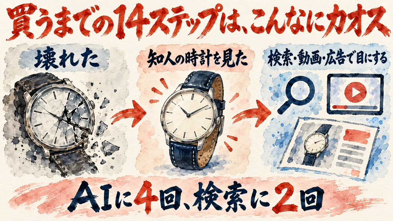 図解。壊れた、知人の時計を見た、検索と動画と広告で目にする、の三つの札に、時計の水彩画が添えられ、下の帯にAIに4回、検索に2回の文字。見出しは買うまでの14ステップはこんなにカオス