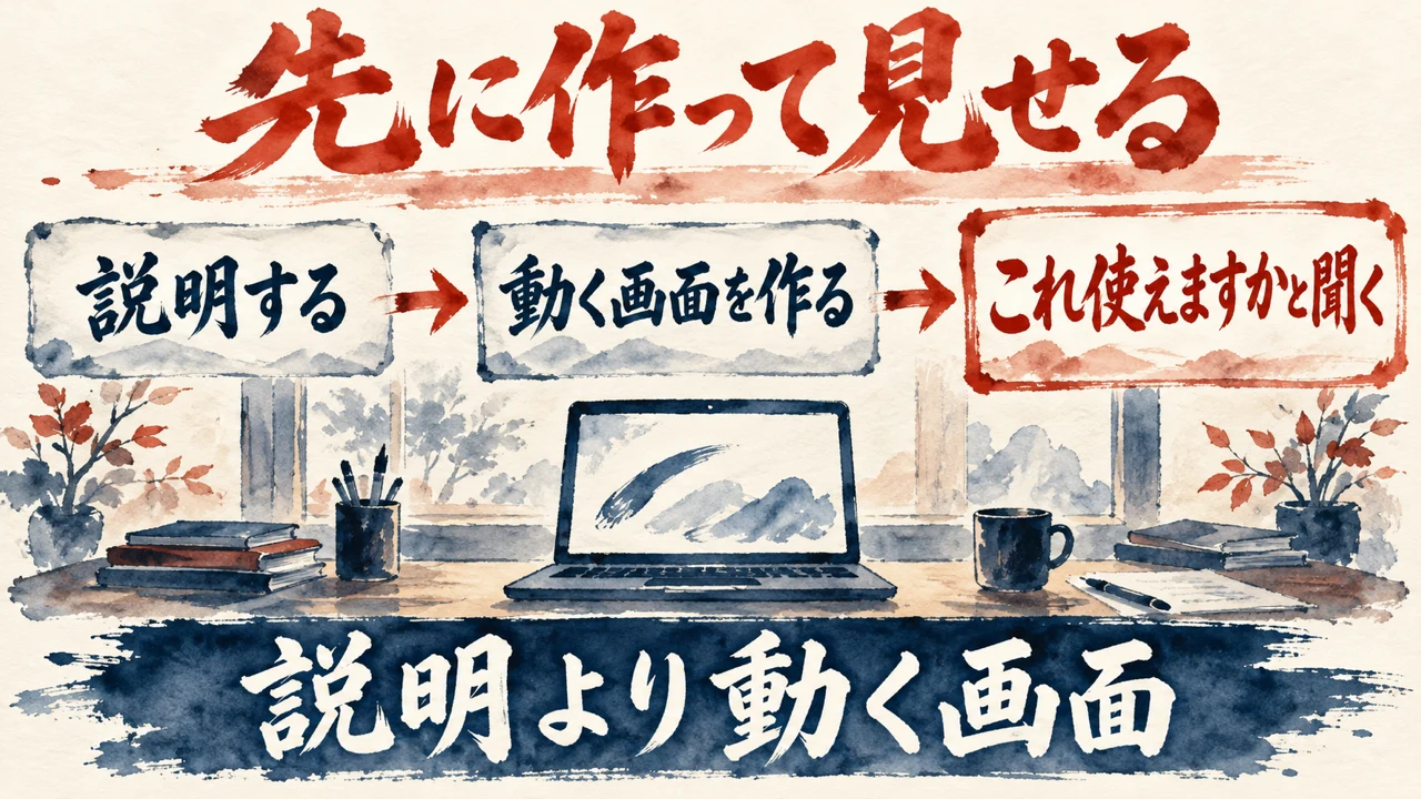 図解。見出しは先に作って見せる。説明する、動く画面を作る、これ使えますかと聞く、の三つの札が矢印で並び、机のノートPCの下の帯に説明より動く画面