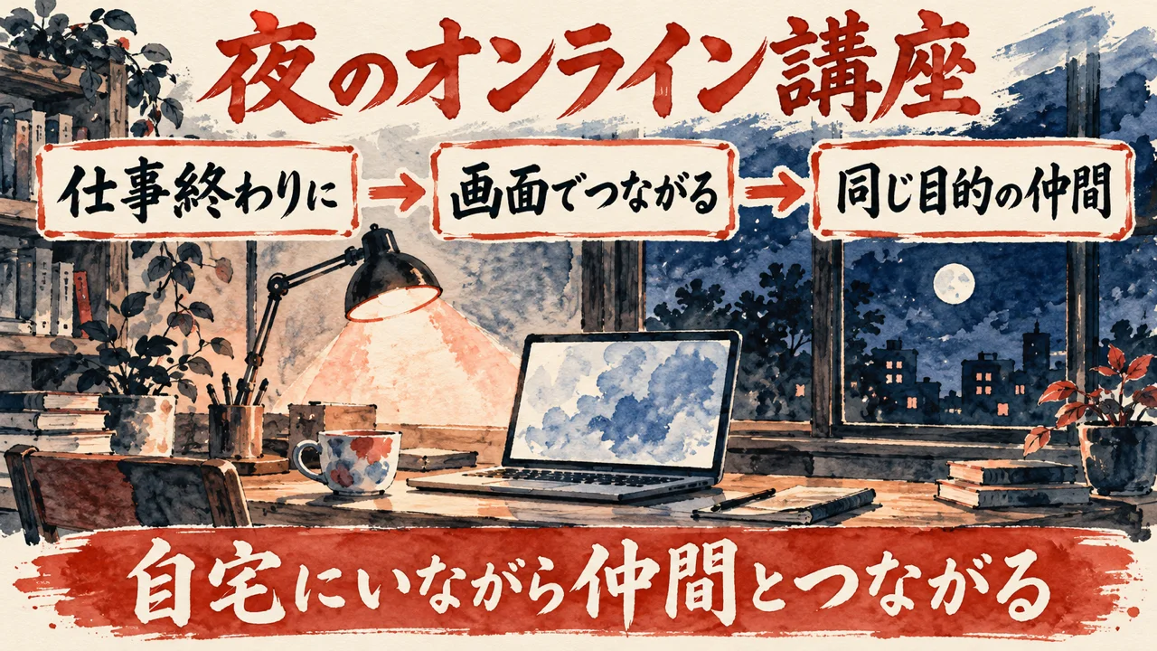 図解。仕事終わりに、画面でつながる、同じ目的の仲間、の三つの札が矢印で並び、夜の窓辺の水彩画が添えられ、下の帯に自宅にいながら仲間とつながるの文字。見出しは夜のオンライン講座