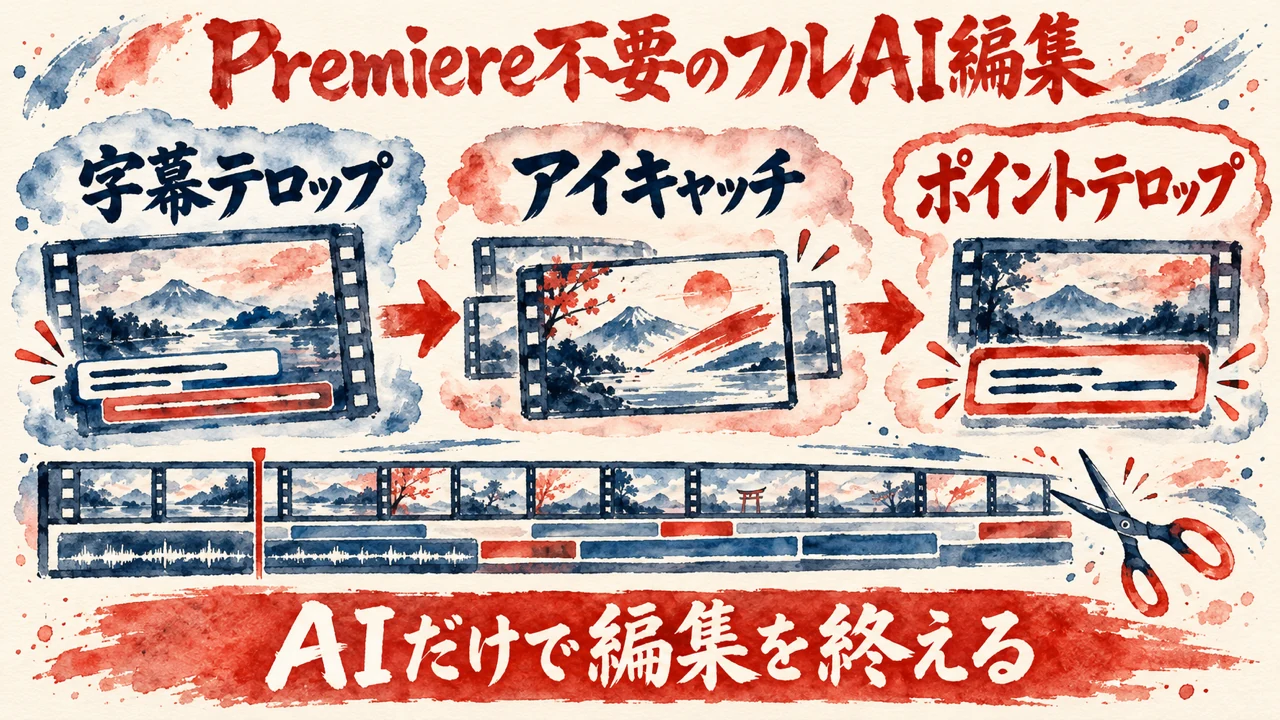 図解 Premiereを使わず、字幕テロップ、アイキャッチ、ポイントテロップまでAIだけで動画の編集を終える流れ。動画のコマとはさみの水彩の絵