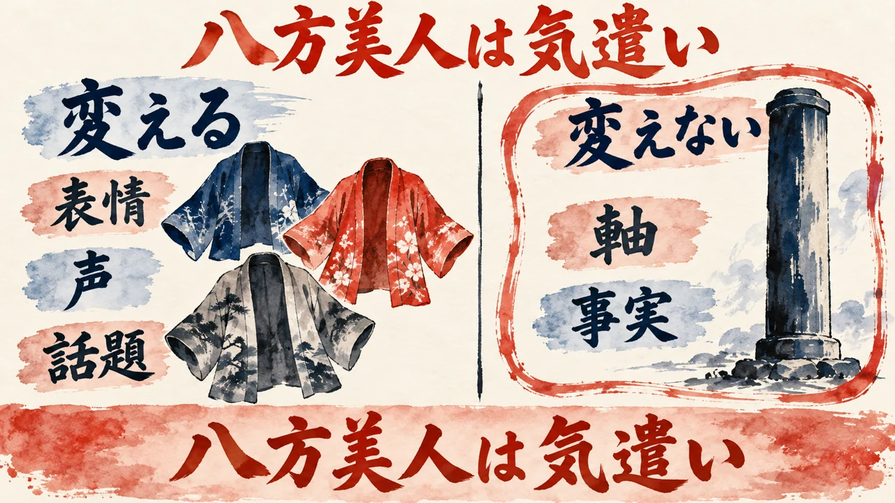図解。見出しは八方美人は気遣い。左の列は変える、表情、声、話題で色違いの羽織の水彩画、右の列は変えない、軸、事実で太い柱の水彩画、下の帯に八方美人は気遣い