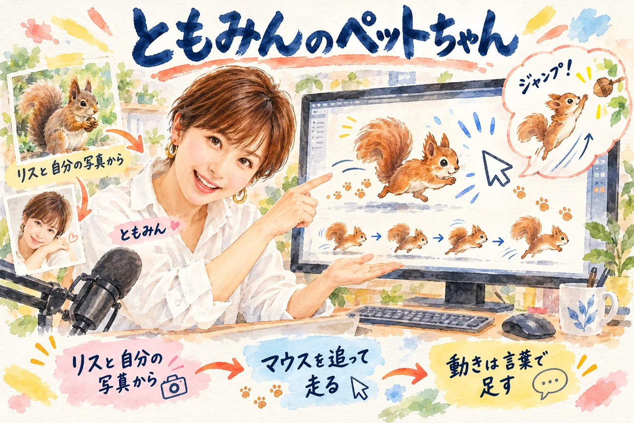 ともみんのペットちゃん|リスと自分の写真から作ったキャラクターを、マウスで動かして走らせる流れの図