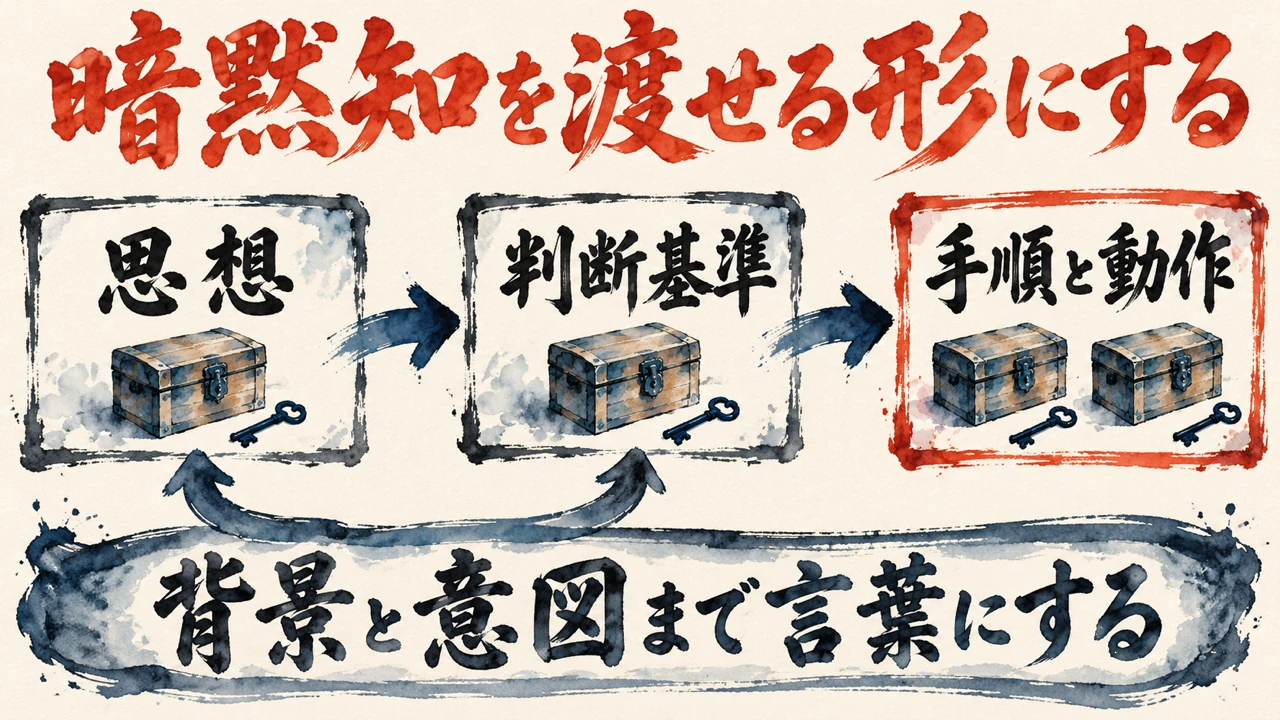 「暗黙知を渡せる形にする」の図解。「思想」「判断基準」「手順と動作」の三つの札が矢印で並び、下の帯に「背景と意図まで言葉にする」