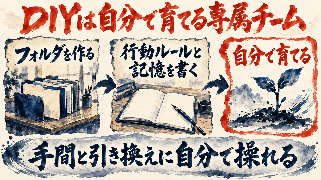 図解。見出しはDIYは自分で育てる専属チーム。フォルダを作る、行動ルールと記憶を書く、自分で育てる、の三つの札が矢印で並び、下の帯に手間と引き換えに自分で操れる