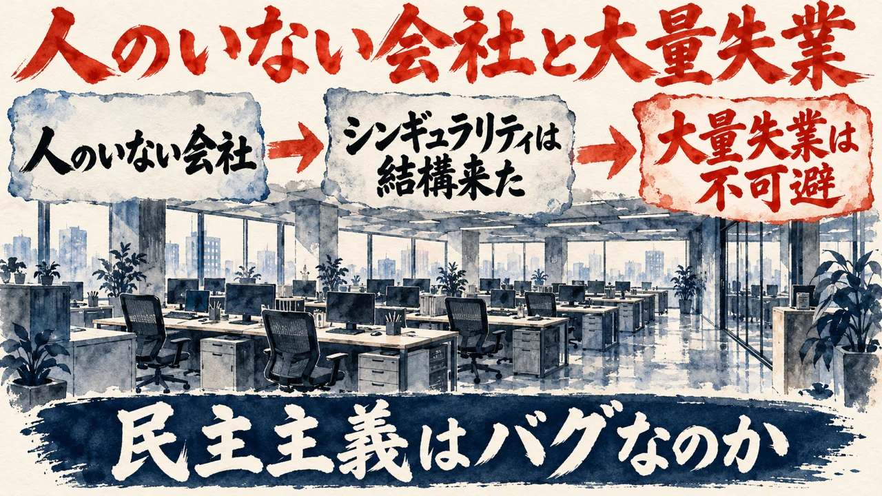 図解。見出しは人のいない会社と大量失業。人のいない会社、シンギュラリティは結構来た、大量失業は不可避、の三つの札が矢印で並び、下の帯に民主主義はバグなのか