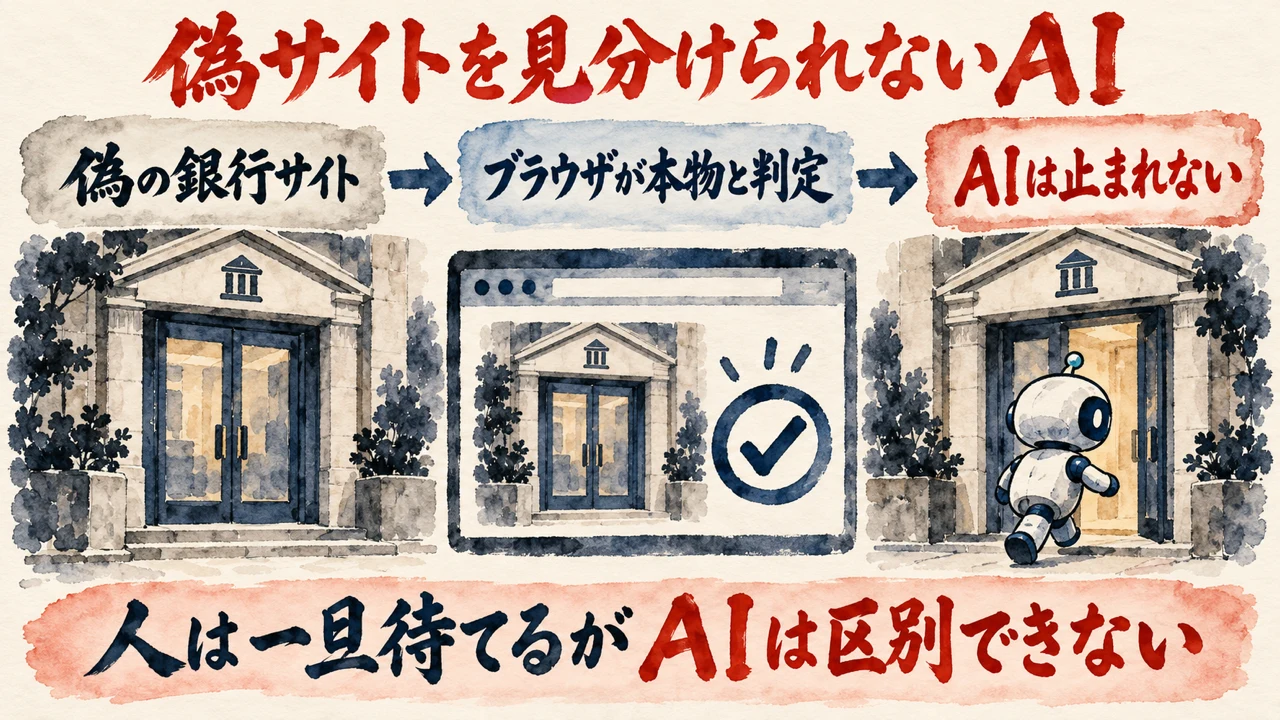 図解。見出しは偽サイトを見分けられないAI。偽の銀行サイト、ブラウザが本物と判定、AIは止まれない、の三つの札が矢印で並び、下の帯に人は一旦待てるがAIは区別できない