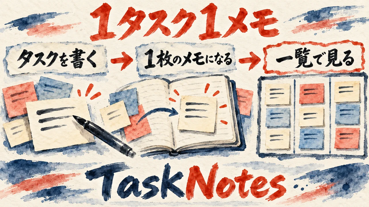 「1タスク1メモ」の図解。「タスクを書く」「1枚のメモになる」「一覧で見る」の三つの札と、ノートの水彩画。下の帯に「TaskNotes」