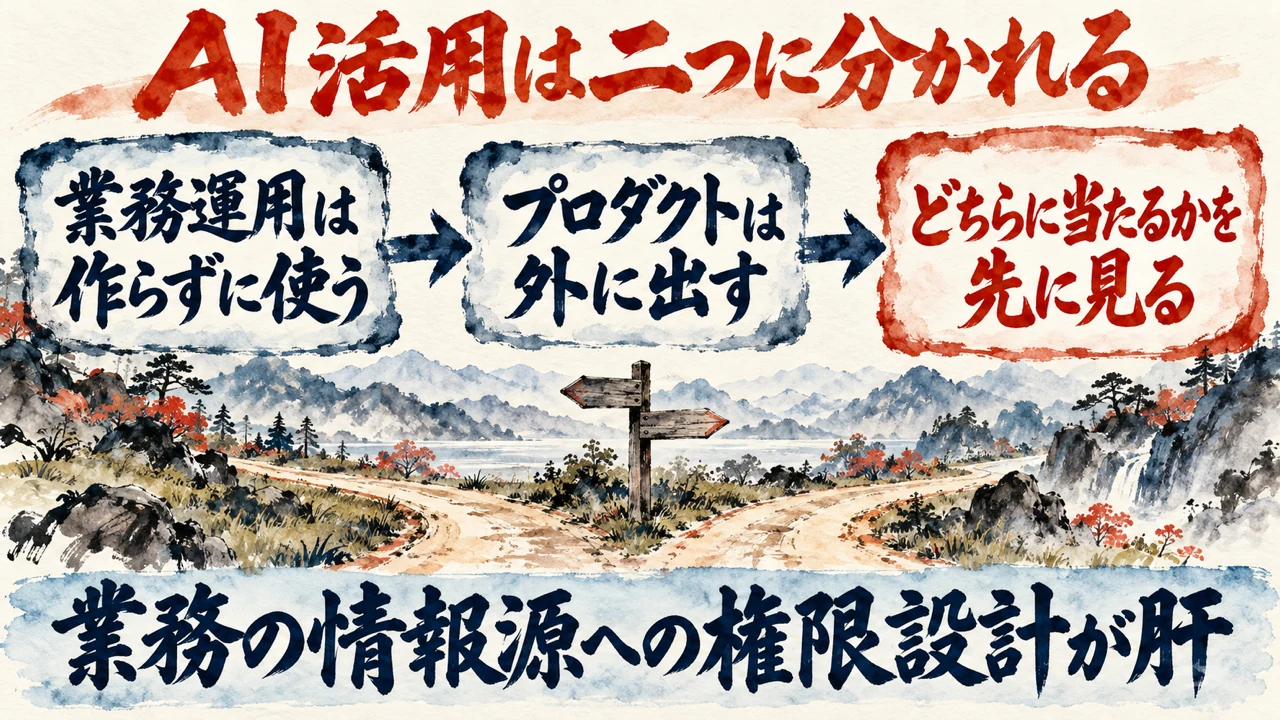 図解。業務運用は作らずに使う、プロダクトは外に出す、どちらに当たるかを先に見る、の三つの札が矢印で並び、分かれ道の水彩画が添えられている