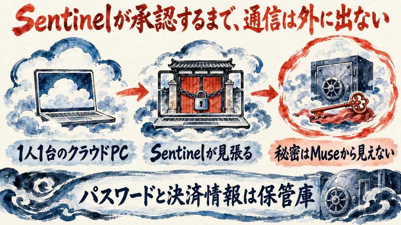 図解。1人1台のクラウドPC、Sentinelが見張る、秘密はMuseから見えない、の三つの札に、門番のいる小さな門と鍵の水彩画が描かれ、下の帯にパスワードと決済情報は保管庫の文字。見出しはSentinelが承認するまで、通信は外に出ない