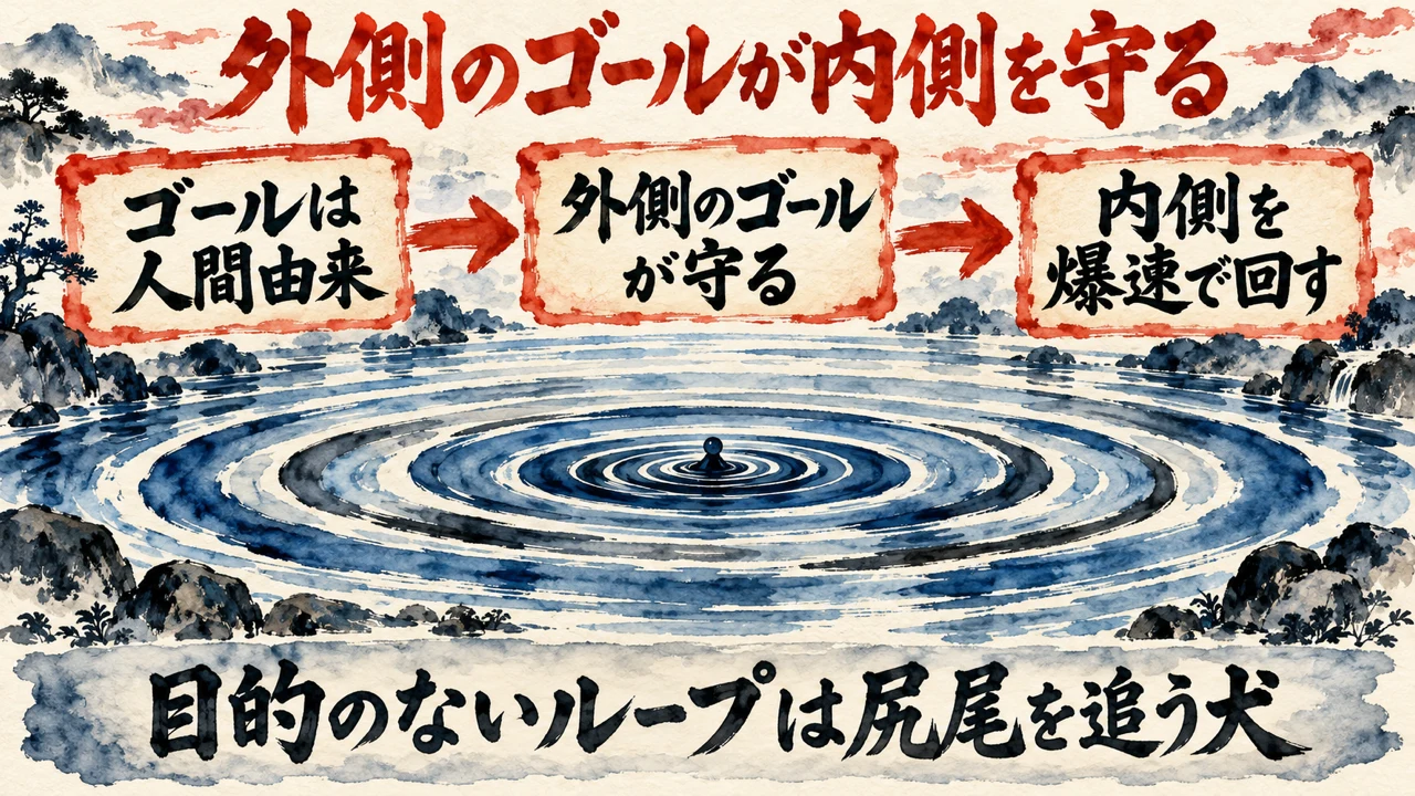 図解。ゴールは人間由来、外側のゴールが守る、内側を爆速で回す、の三つの札が矢印で並び、波紋の水彩画が添えられている