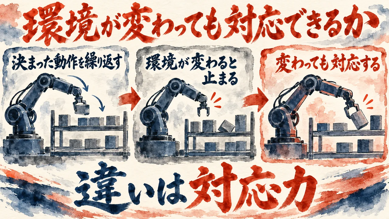 図解。決まった動作を繰り返す、環境が変わると止まる、変わっても対応する、の三つの札に、棚の前で箱を運ぶロボットアームの水彩画が描かれ、下の帯に違いは対応力の文字。見出しは環境が変わっても対応できるか