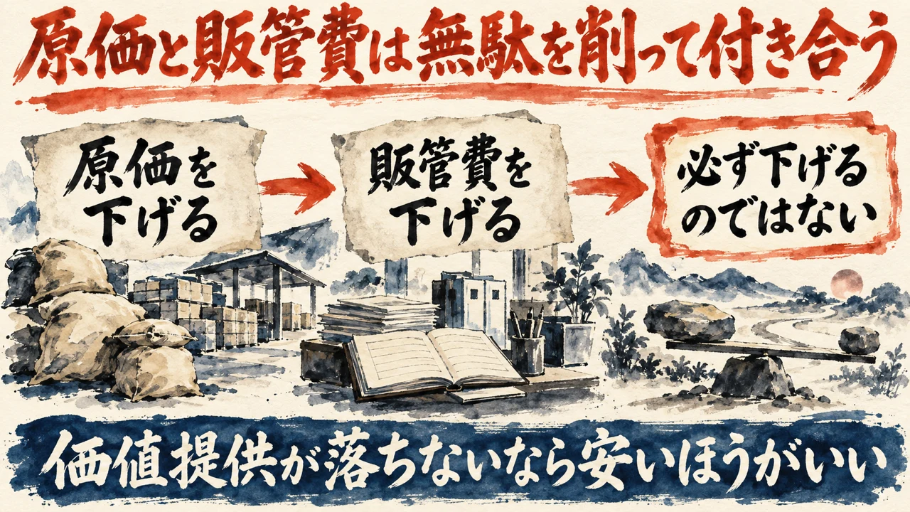 図解。原価を下げる、販管費を下げる、必ず下げるのではない、の三つの札が矢印で並び、下の帯に価値提供が落ちないなら安いほうがいいの文字。見出しは原価と販管費は無駄を削って付き合う