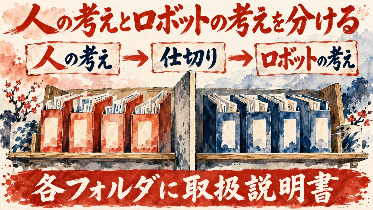人の考えの棚とロボットの考えの棚を分け、それぞれの入口に取扱説明書の札を置いた水彩の図解