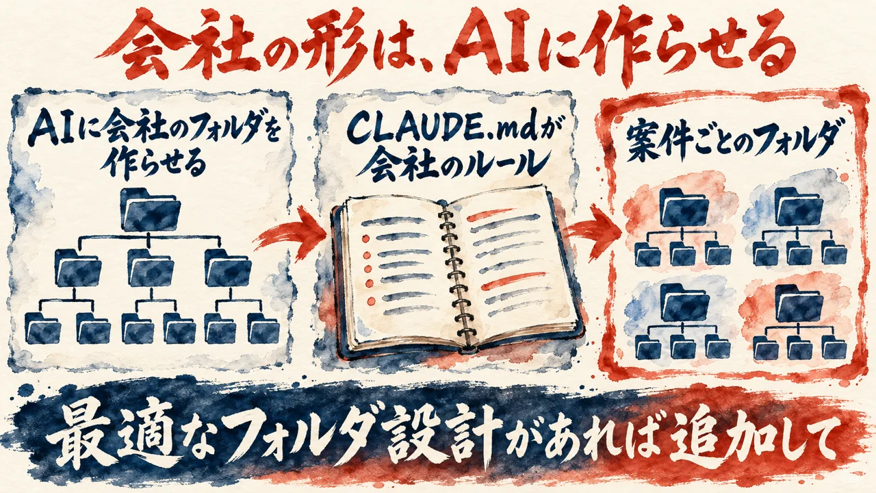 図解。AIに会社のフォルダを作らせる、CLAUDE.mdが会社のルール、案件ごとのフォルダ、の三つの札に、組織図と開いた帳面の水彩画が描かれている。見出しは会社の形は、AIに作らせる