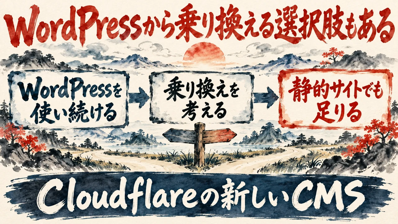 図解。WordPressを使い続ける、乗り換えを考える、静的サイトでも足りる、の三つの札に、二つに分かれる道標の水彩画が描かれている。見出しはWordPressから乗り換える選択肢もある