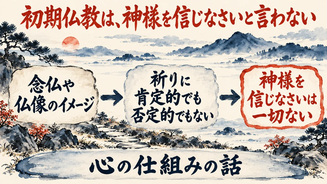 図解。念仏や仏像のイメージ、祈りに肯定的でも否定的でもない、神様を信じなさいは一切ない、の三つの札に、静かな石の道と空の水彩画が描かれている。見出しは、初期仏教は、神様を信じなさいと言わない
