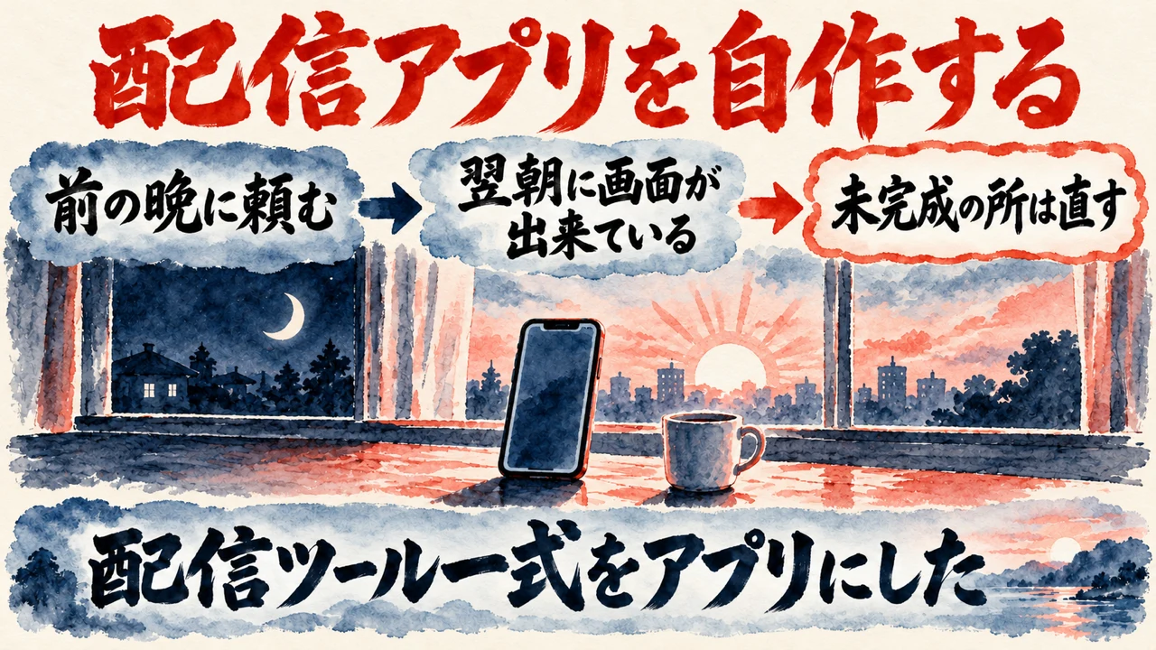 図解。前の晩に頼む、翌朝に画面が出来ている、まだ未完成の所は直す、の三つの札が矢印で並び、朝の窓辺の水彩画が添えられている