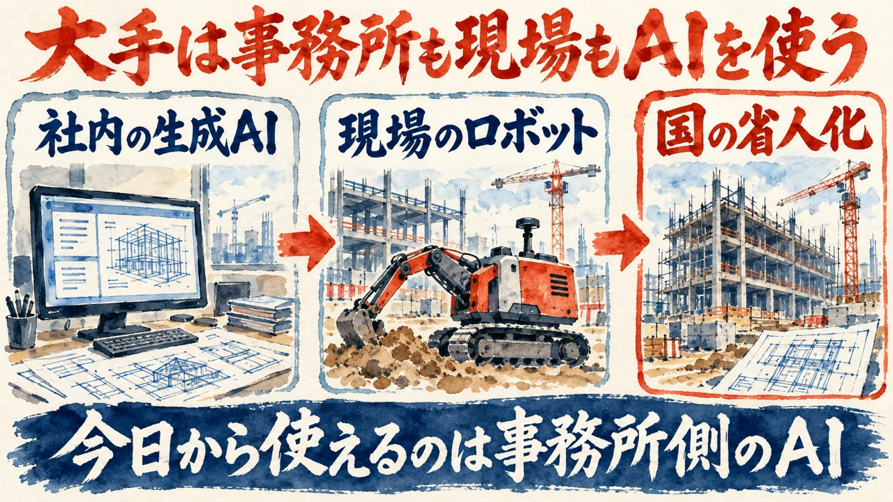 図解。社内の生成AI、現場のロボット、国の省人化、の三つの札が矢印で並ぶ水彩画。見出しは大手は事務所も現場もAIを使う