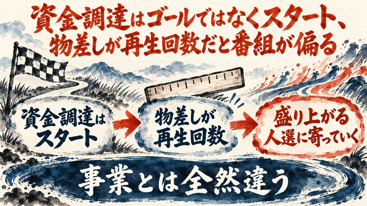 図解。資金調達はスタート、物差しが再生回数、盛り上がる人選に寄っていく、の三つの札に、出発点の旗とものさしの水彩画が描かれている。見出しは、資金調達はスタート、物差しが再生回数だと番組が偏る