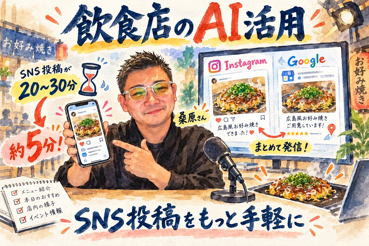 SNS投稿が20〜30分から約5分に｜Instagramの投稿をGoogleの投稿にもまとめて発信する流れの図