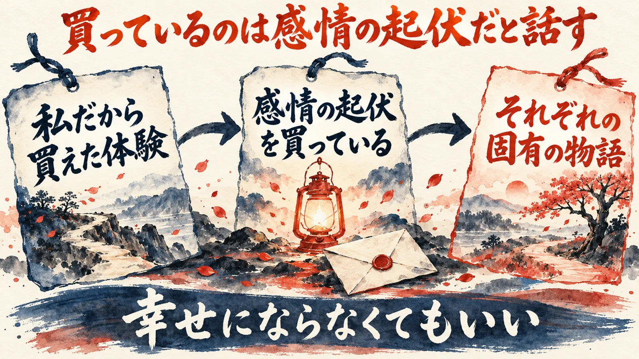 図解。私だから買えた体験、感情の起伏を買っている、それぞれの固有の物語、の三つの札が矢印で並び、灯りのともるランタンと封書の水彩画が添えられている。見出しは、買っているのは感情の起伏だと話す