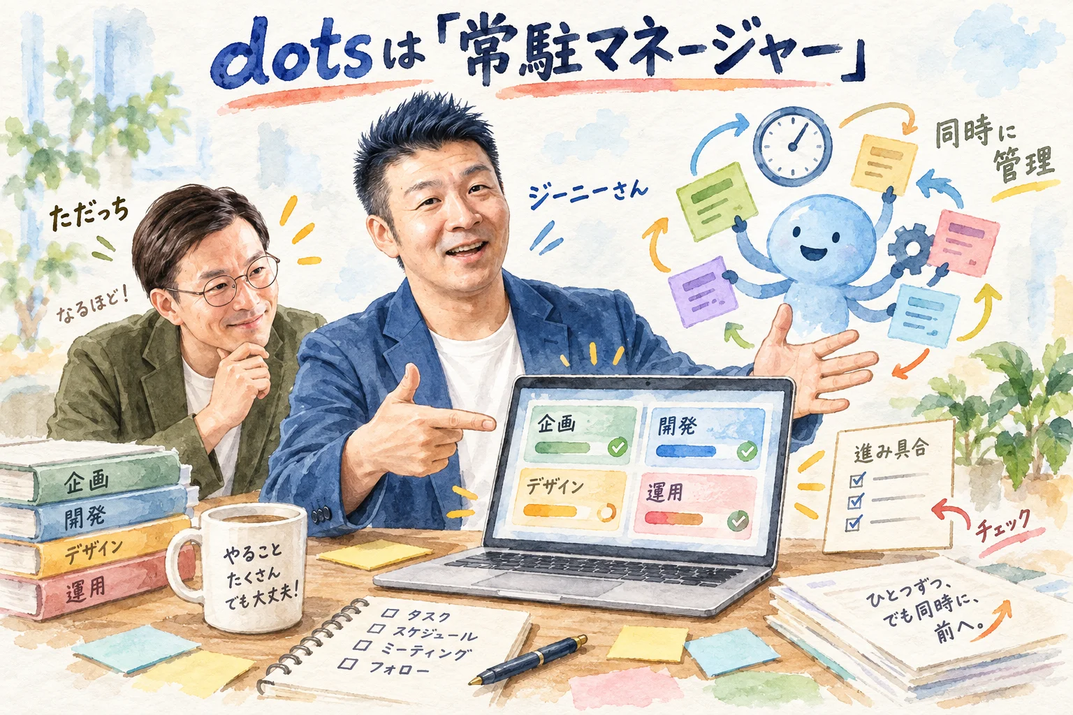 ジーニーさんとただっちがdotsの常駐マネージャーを語る場面のグラレコ