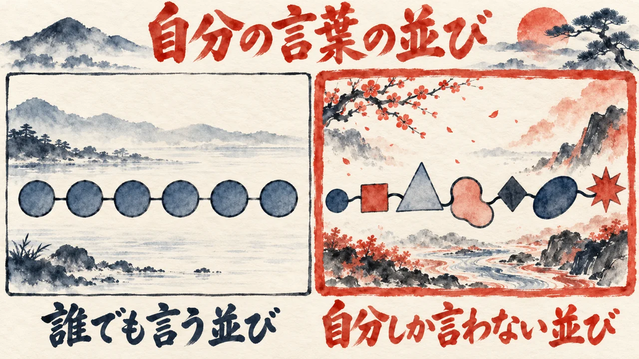 左に一般的な言葉の並び、右に自分だけの言葉の並びを置いた対比の図