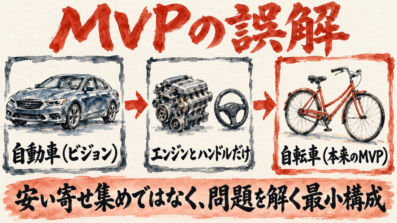 「MVPの誤解」の図解。「自動車（ビジョン）」「エンジンとハンドルだけ」「自転車（本来のMVP）」の三つの札と水彩画。下の帯に「安い寄せ集めではなく、問題を解く最小構成」