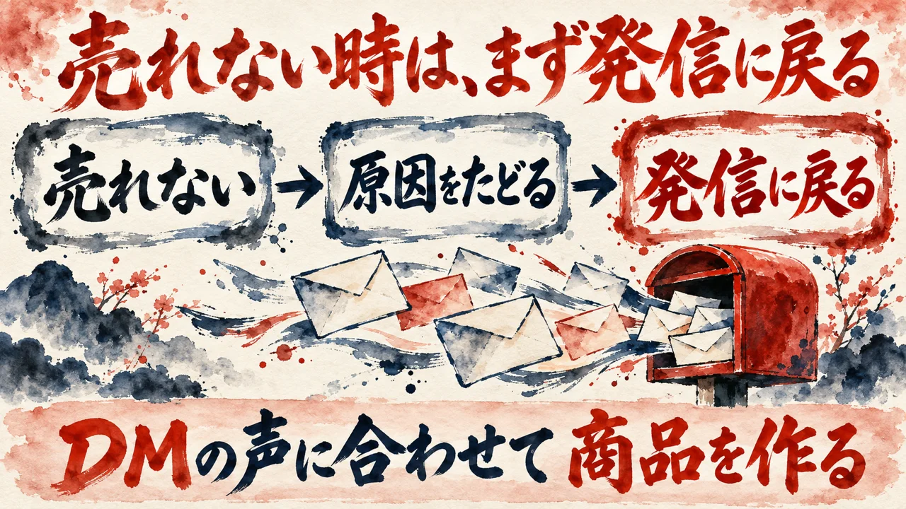 図解。売れない、原因をたどる、発信に戻る、の三つの札が矢印で並び、手紙の束と赤い郵便ポストの水彩画が添えられている。下の帯にDMの声に合わせて商品を作るの文字。見出しは売れない時は、まず発信に戻る