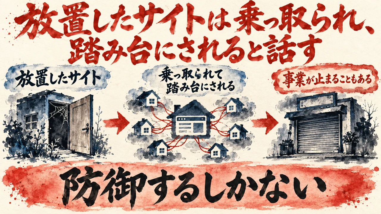 図解。放置したサイト、乗っ取られて踏み台にされる、事業が止まることもある、の三つの札に、鍵のかかっていない扉と細い糸でつながる家々の水彩画が描かれている。見出しは、放置したサイトは乗っ取られ、踏み台にされると話す
