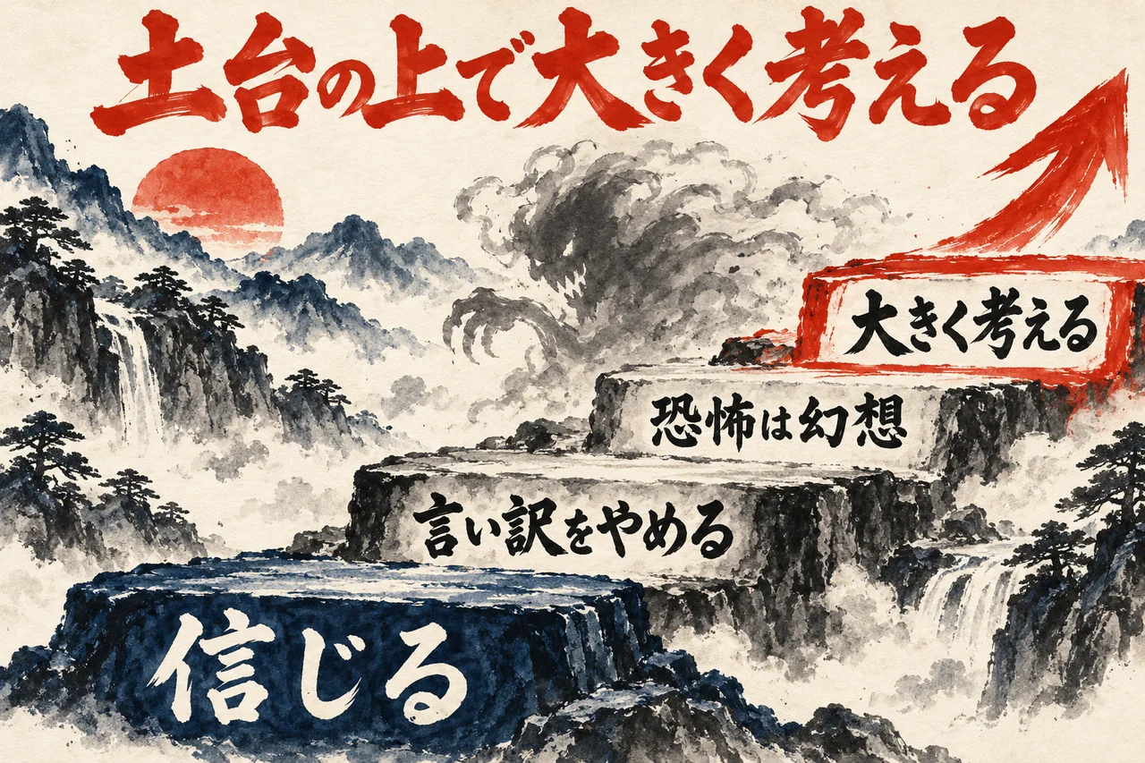 左下から右上へ、信じる、言い訳をやめる、恐怖は幻想、大きく考える、と4段に上がる水墨の階段。恐怖は幻想の段の後ろに、幻のような影の怪物が描かれている。