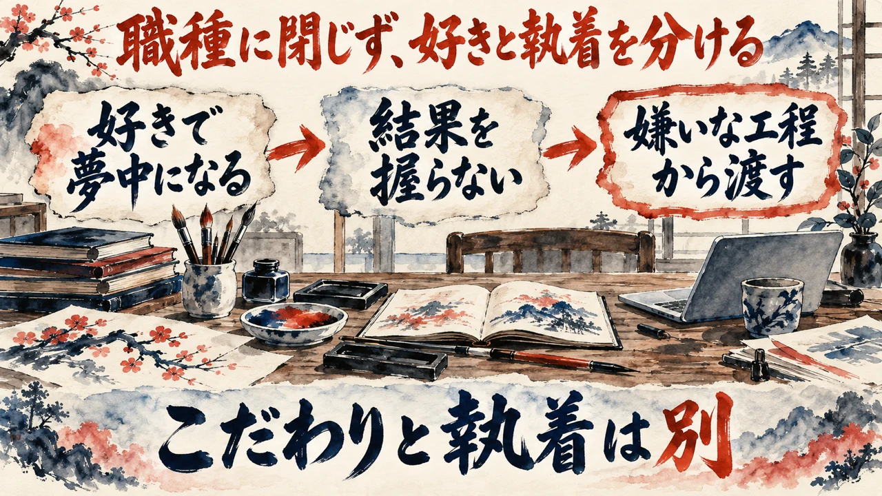 図解。好きで夢中になる、結果を握らない、嫌いな工程から渡す、の三つの札が矢印で並び、複数の道具が並ぶ机の水彩画が添えられている。見出しは職種に閉じず、好きと執着を分ける
