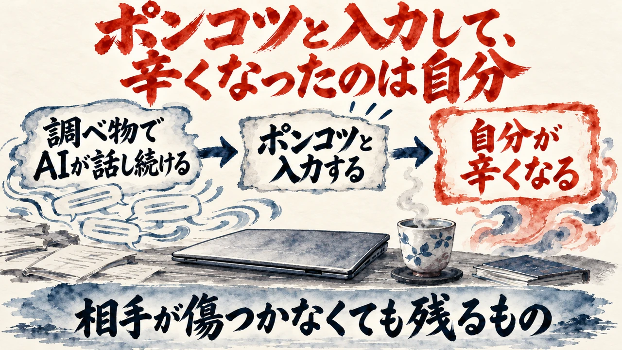 図解。調べ物でAIが話し続ける、ポンコツと入力する、自分が辛くなる、の三つの札に、閉じたノートパソコンと湯のみの水彩画が描かれている。見出しはポンコツと入力して、辛くなったのは自分