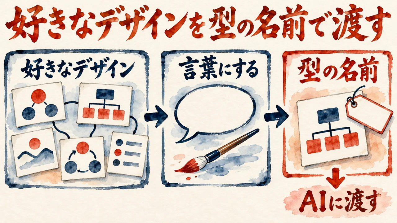 好きなデザイン、言葉にする、型の名前の三つの札が並び、AIに渡す矢印が続く図解