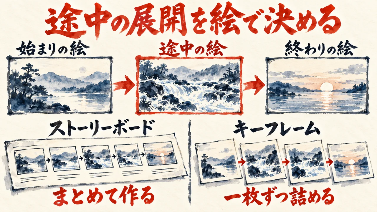 始まりの絵、途中の絵、終わりの絵が並び、下にストーリーボードとキーフレームの二つの道が並ぶ図解