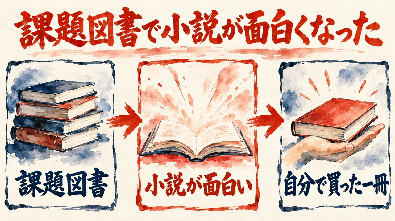課題図書から小説が面白くなり、自分で買った一冊に至る流れを描いた図解