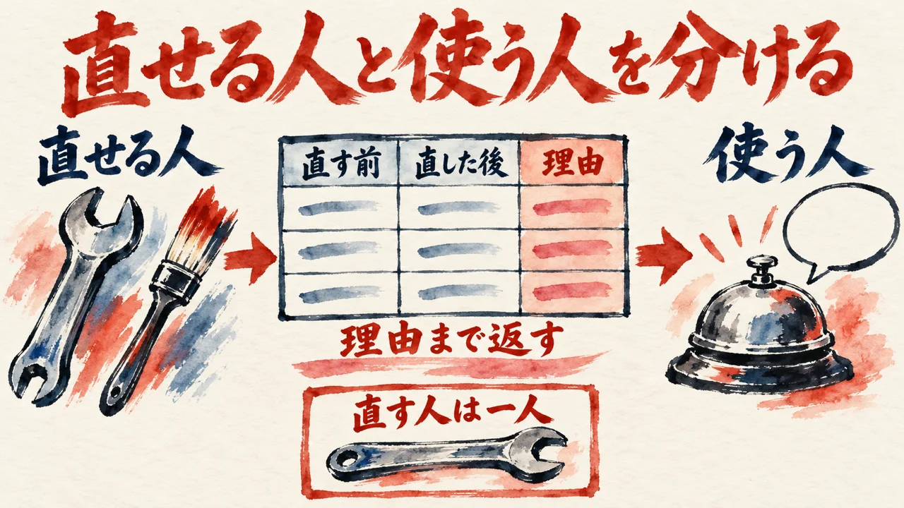 直せる人のレンチと筆、使う人の呼び鈴の間に、直す前・直した後・理由の三列の表を置き、理由まで返すこと、直す人は一人であることを示す図解
