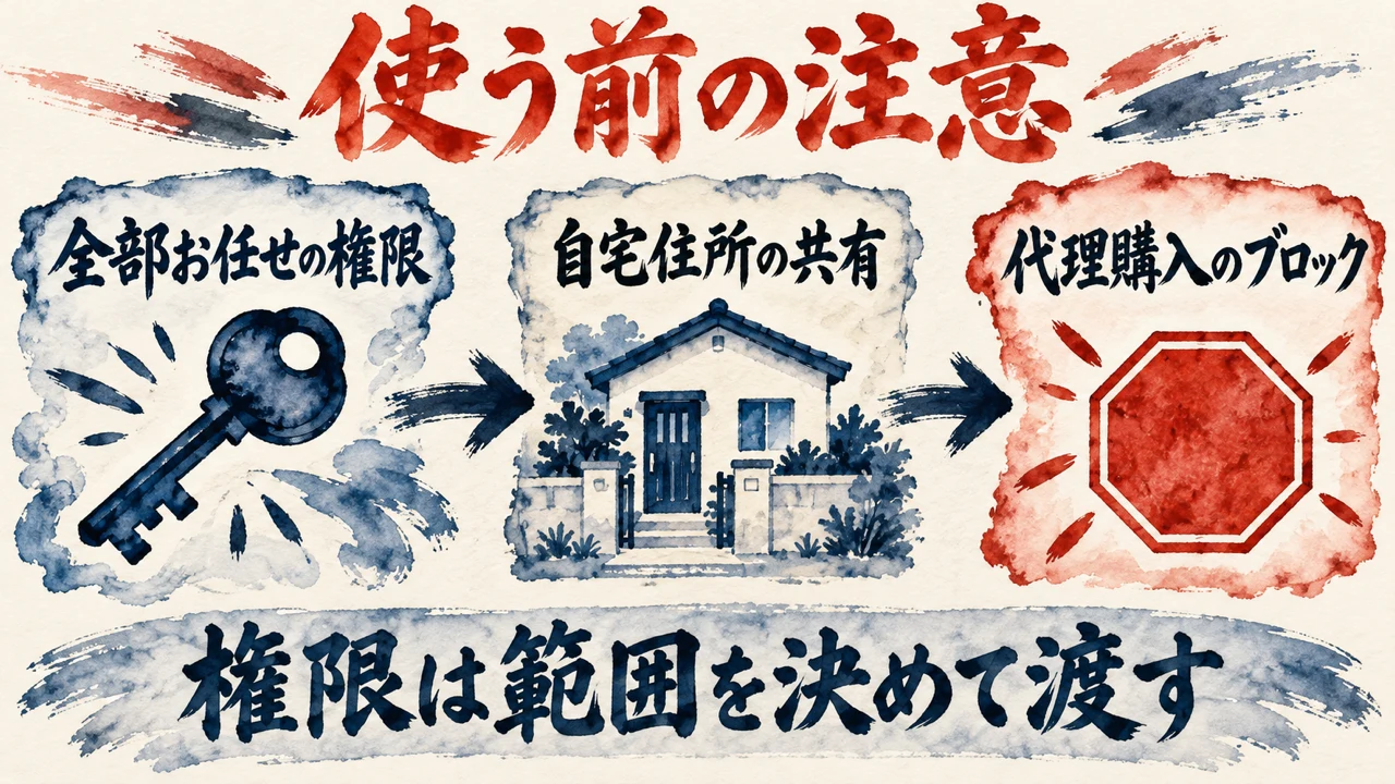 「使う前の注意」の図解。「全部お任せの権限」「自宅住所の共有」「代理購入のブロック」の3枚の札と水彩画。下の帯に「権限は範囲を決めて渡す」