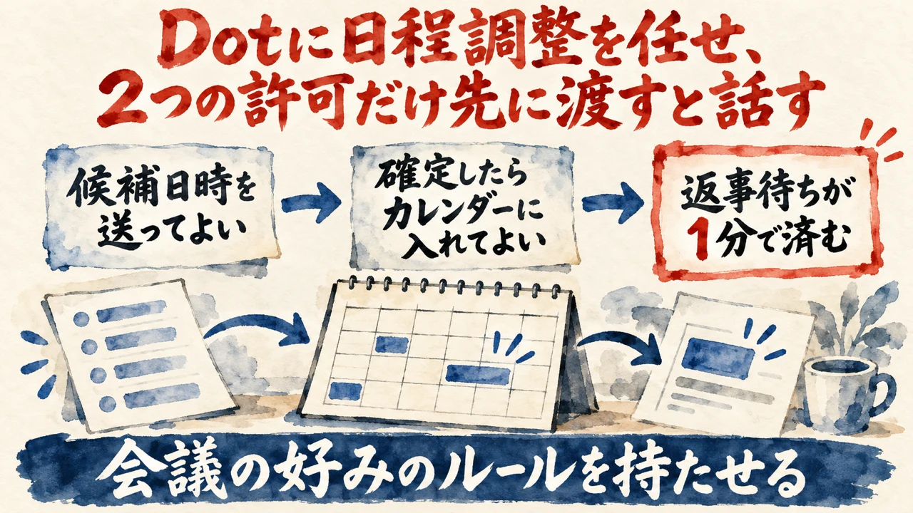 図解。候補日時を送ってよい、確定したらカレンダーに入れてよい、の二つの許可が並び、会議の予定表の水彩画が描かれている。見出しは、Dotに日程調整を任せ、2つの許可だけ先に渡すと話す