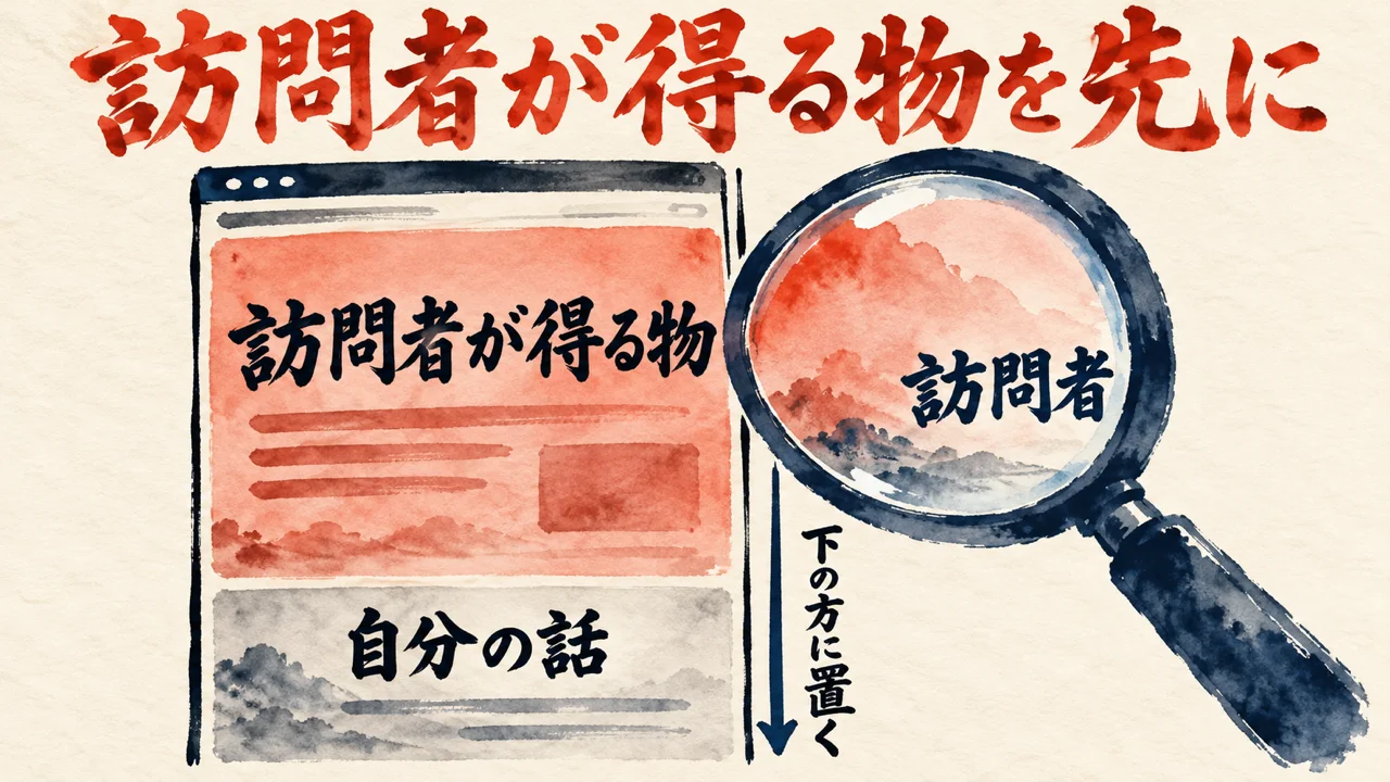 縦長のページの大部分を訪問者が得る物で書き、自分の話は下の方の小さな区画に置く。虫眼鏡で訪問者が上の部分を見ている様子を描いた図解