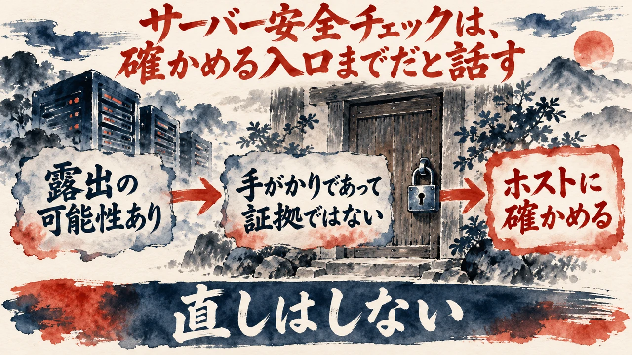 図解。露出の可能性あり、手がかりであって証拠ではない、ホストに確かめる、の三つの札が矢印で並び、鍵のかかった扉の水彩画が描かれている。見出しは、サーバー安全チェックは、確かめる入口までだと話す