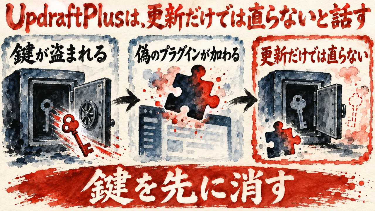 図解。鍵が盗まれる、偽のプラグインが加わる、更新だけでは直らない、の三つの札が矢印で並び、鍵のかかった金庫の水彩画が描かれている。見出しは、UpdraftPlusは、更新だけでは直らないと話す