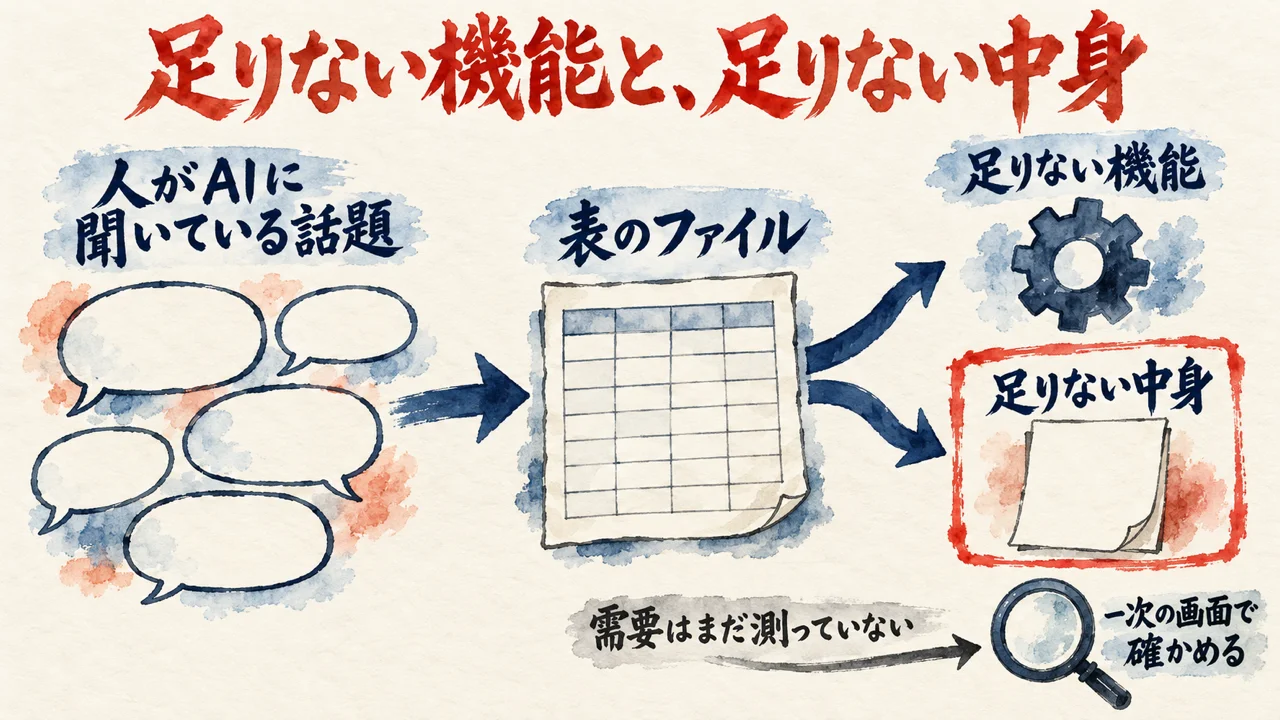 人がAIに聞いている話題を表のファイルにまとめ、足りない機能と足りない中身の二つに分ける。需要はまだ測っていないので、一次の画面で確かめる、と添えた図解