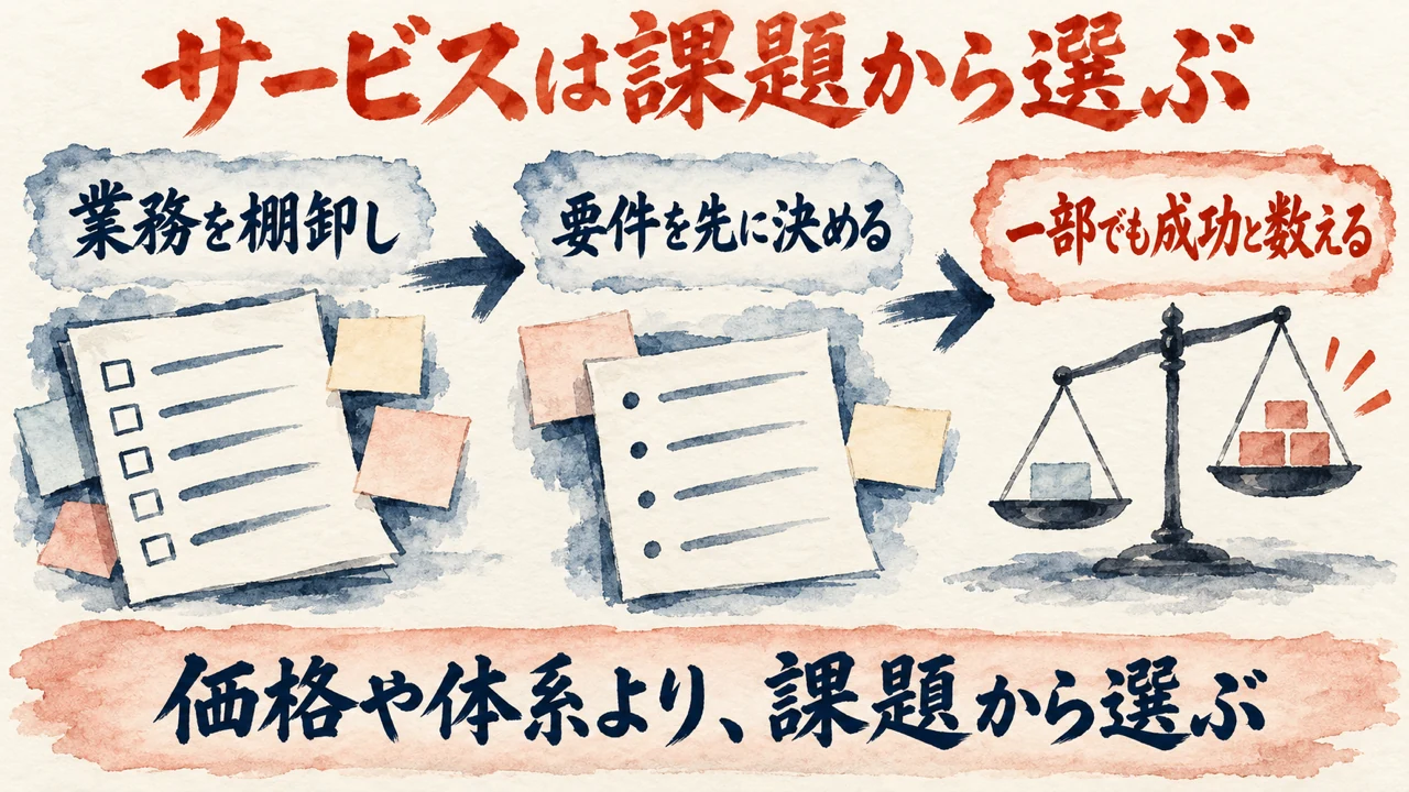 「適したサービスの選択」の図解。「業務を棚卸し」「要件を先に決める」「一部でも成功と数える」の三つの札と水彩画。下の帯に「価格や体系より、課題から選ぶ」