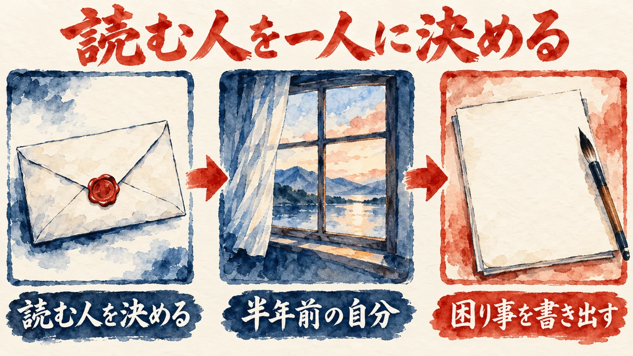 読む人を決める封筒、半年前の自分を映す窓、困り事を書き出す紙の三つが矢印でつながる図解